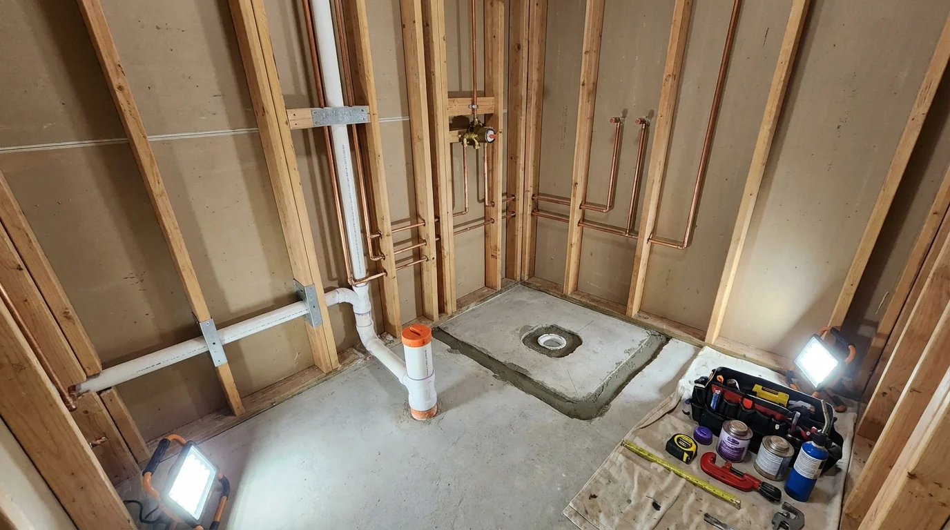 Bathroom rough-in plumbing during remodel by Johns Plumbing LLC in Port Ewen