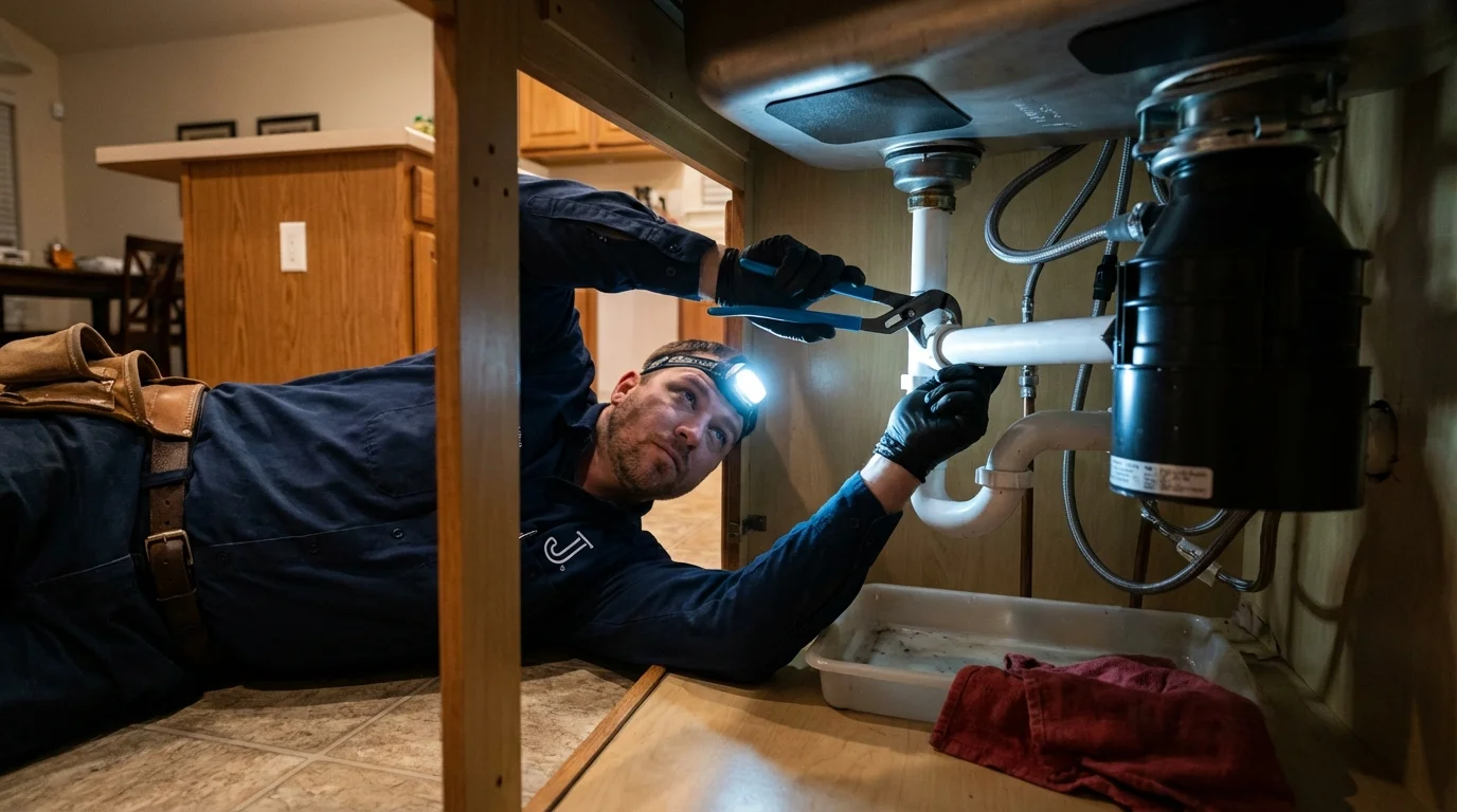 P-trap and supply line connections under a kitchen sink showing a common leak point in Port Ewen, NY